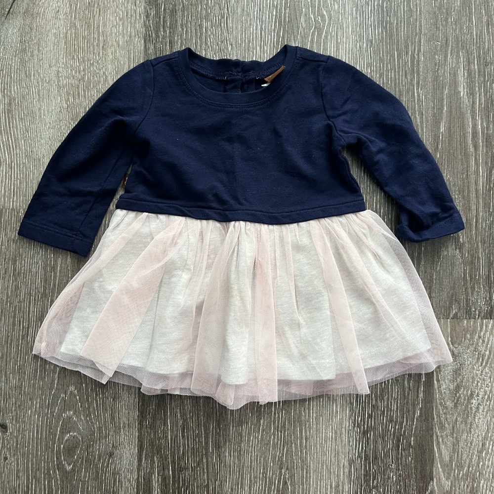 Tea 3-6 month Navy Long Sleeve Tutu Dress with Pale‎ Pink Tulle Skirt